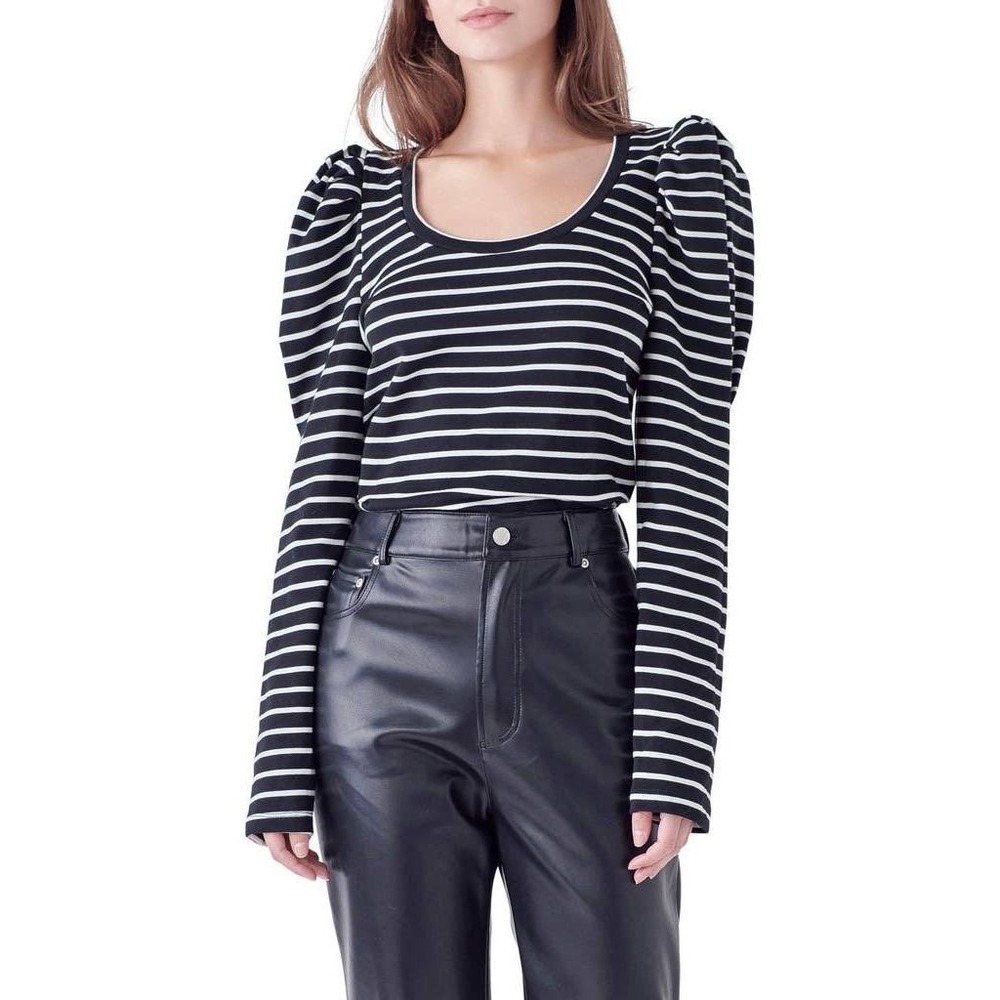 English Factory Black White Striped Puff Shoulder Long Sleeve Top Small
